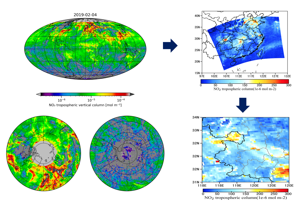 2月4日全球、中国东部、南京周边NO2柱浓度观测